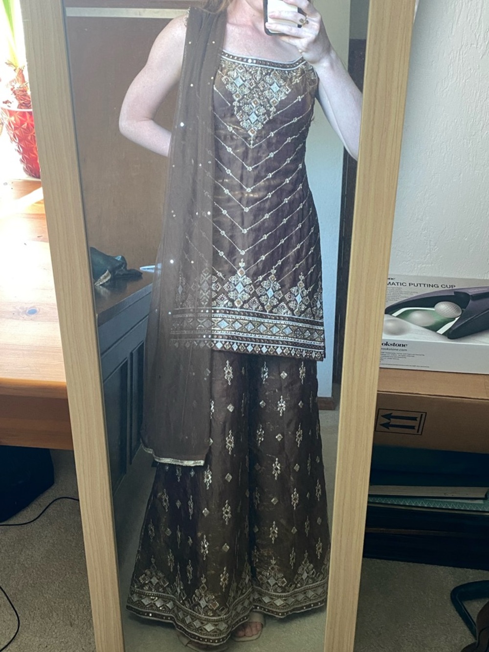 Embellished Brown and Gold Palazzo Pant Suit